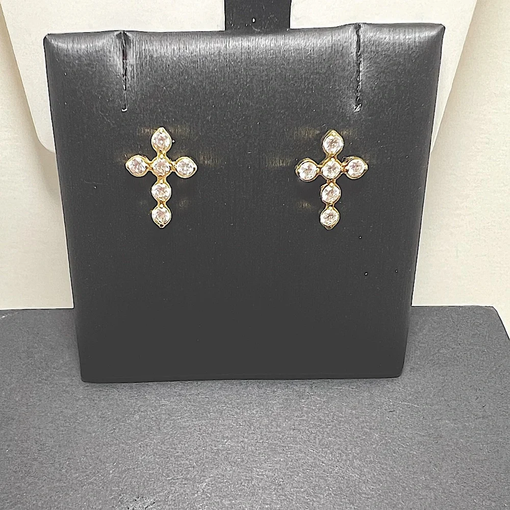 18k Gold Cross CZ Earring Studs - Picture 2 of 4